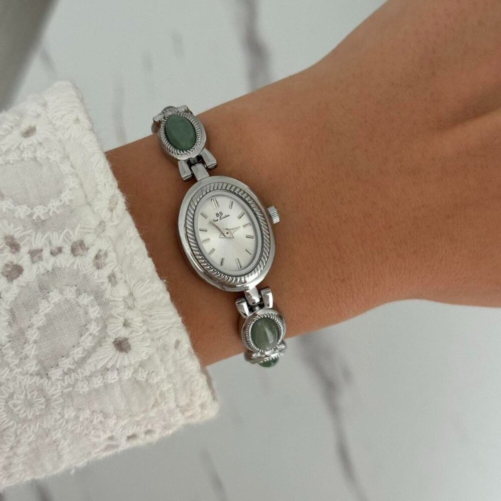 Sku:0221 cute‎ silver watch bracelet with green natural stone inserts + gift bag